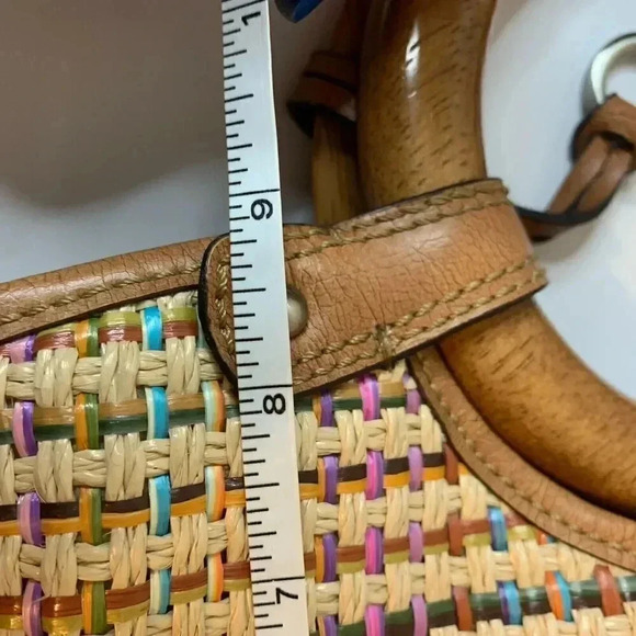 Vtg Fossil Pastel Basket‎ Weave Straw Wood Handle Leather Trim Bag (No Strap) - Picture 11 of 13